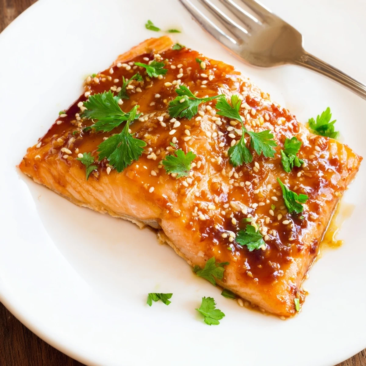 Close-up of juicy Baked Salmon with Honey Garlic Glaze brushed with sticky sauce, resting on a rustic wooden serving board.