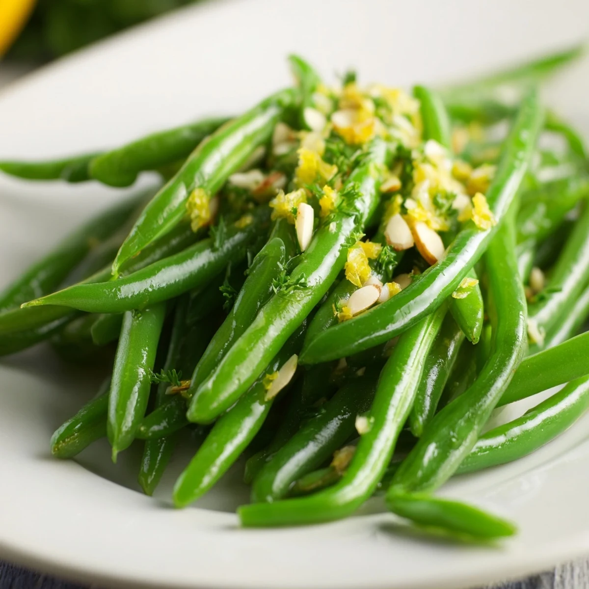 Sautéed bright green beans tossed in zesty Lemon Green Beans with fresh parsley garnish.