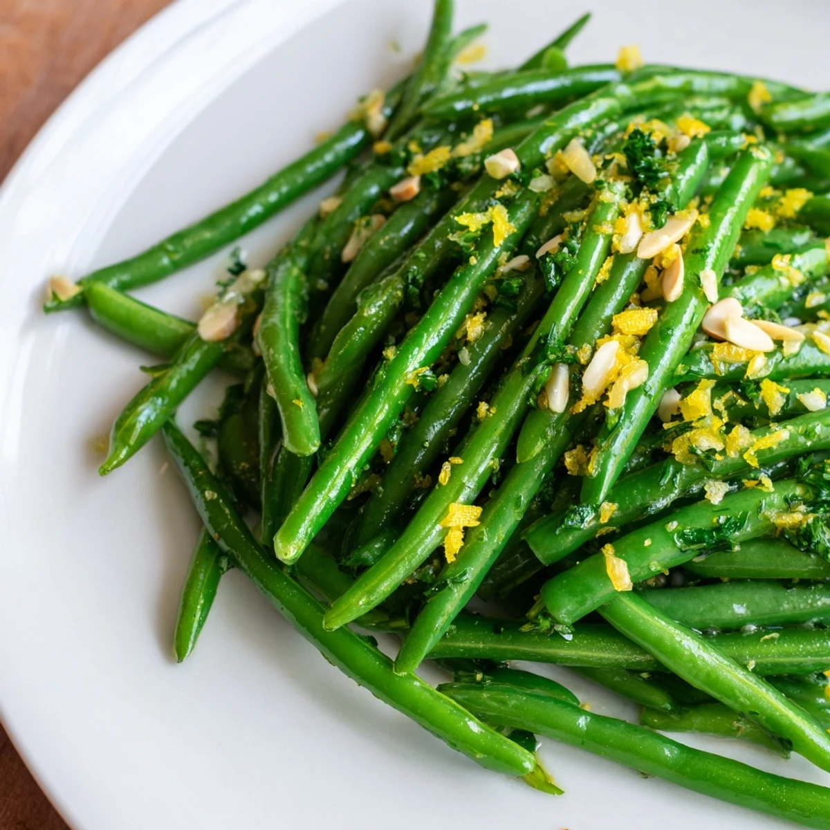 Crisp green beans with toasted almonds garnish for the Lemon Green Beans side dish.