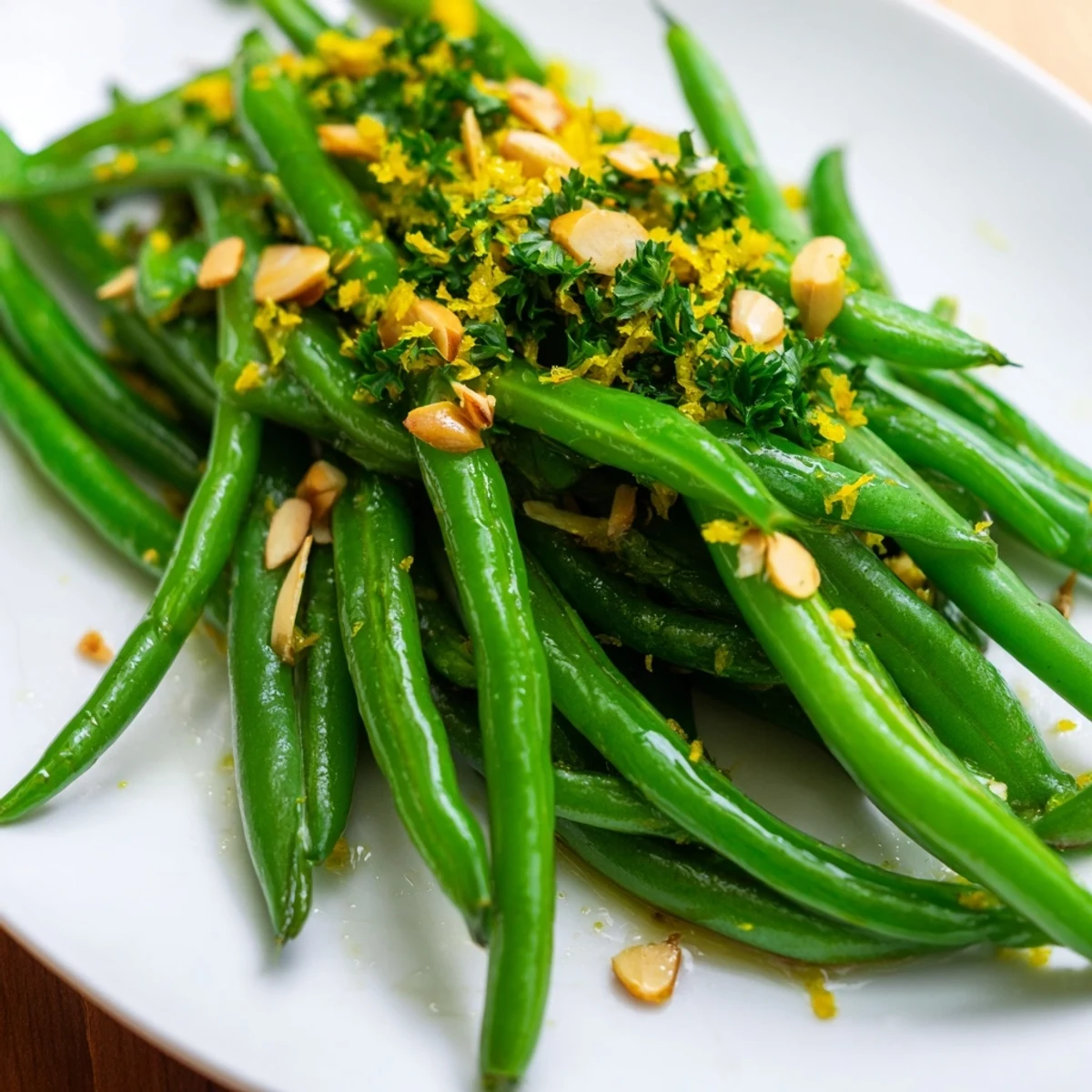 Tongs serving vibrant Lemon Green Beans on a white plate, paired with grilled chicken.