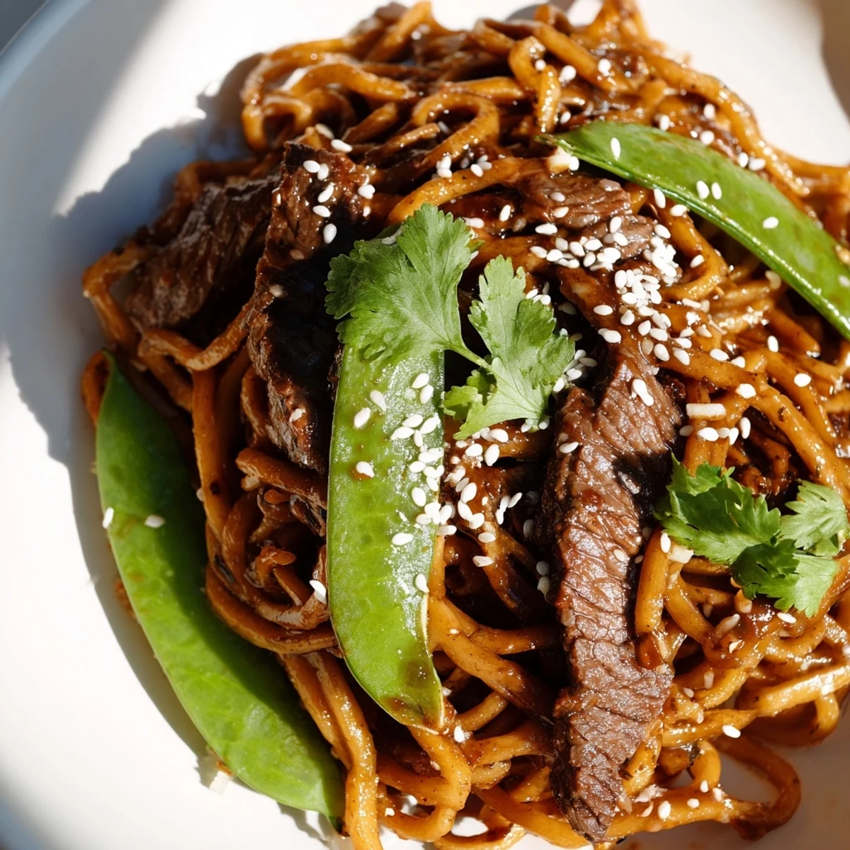 Tender beef and crisp vegetables tossed in a spicy sauce over noodles, served steaming in a ceramic bowl.