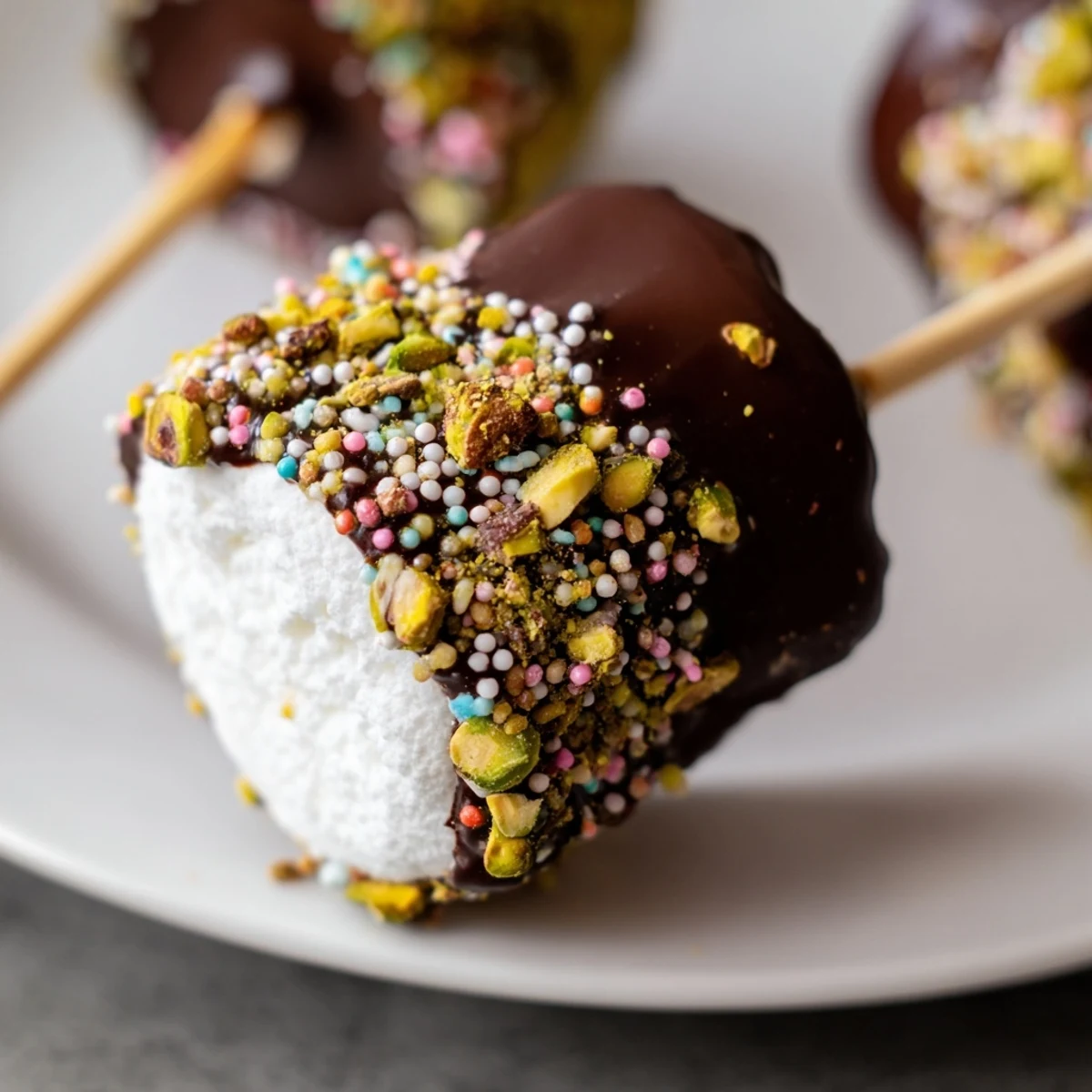 Fluffy marshmallows on sticks dipped in rich, melted chocolate and sprinkled with crushed nuts for texture.