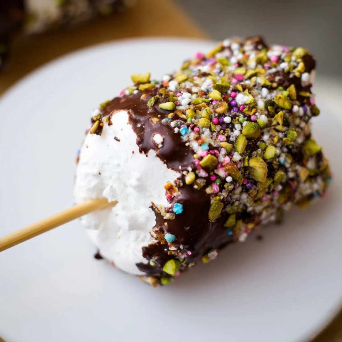 Melted chocolate-coated marshmallows on a stick, garnished with sprinkles and chilled until perfectly set.