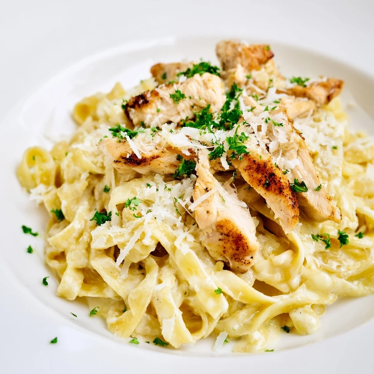 Steam rises from a skillet of Creamy Chicken Alfredo, featuring fettuccine twirled in velvety sauce and juicy sautéed chicken pieces.