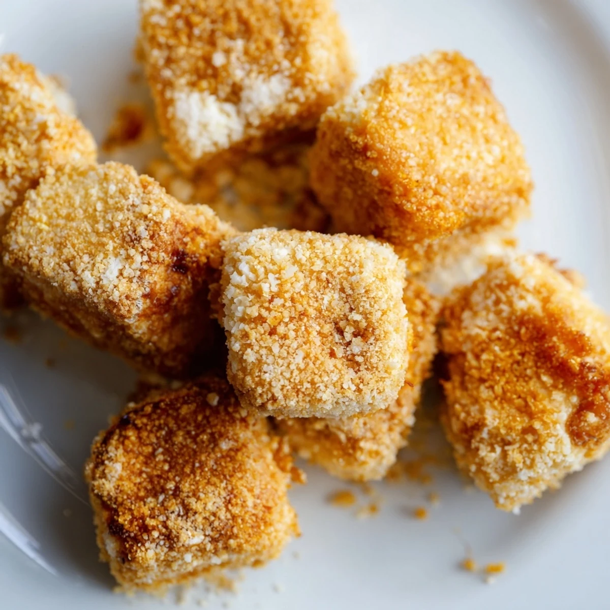 Crispy Tofu Bites with a golden-brown, crunchy coating are served warm in a white bowl.