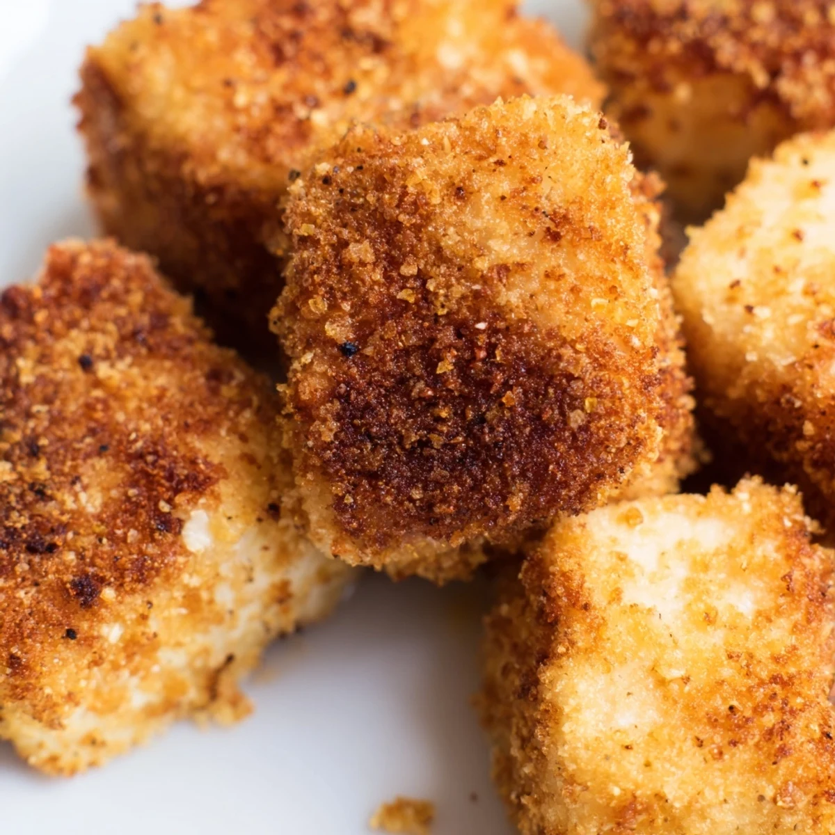 A close-up highlights the texture of Crispy Tofu Bites, lightly dusted with seasoning and ready to eat.
