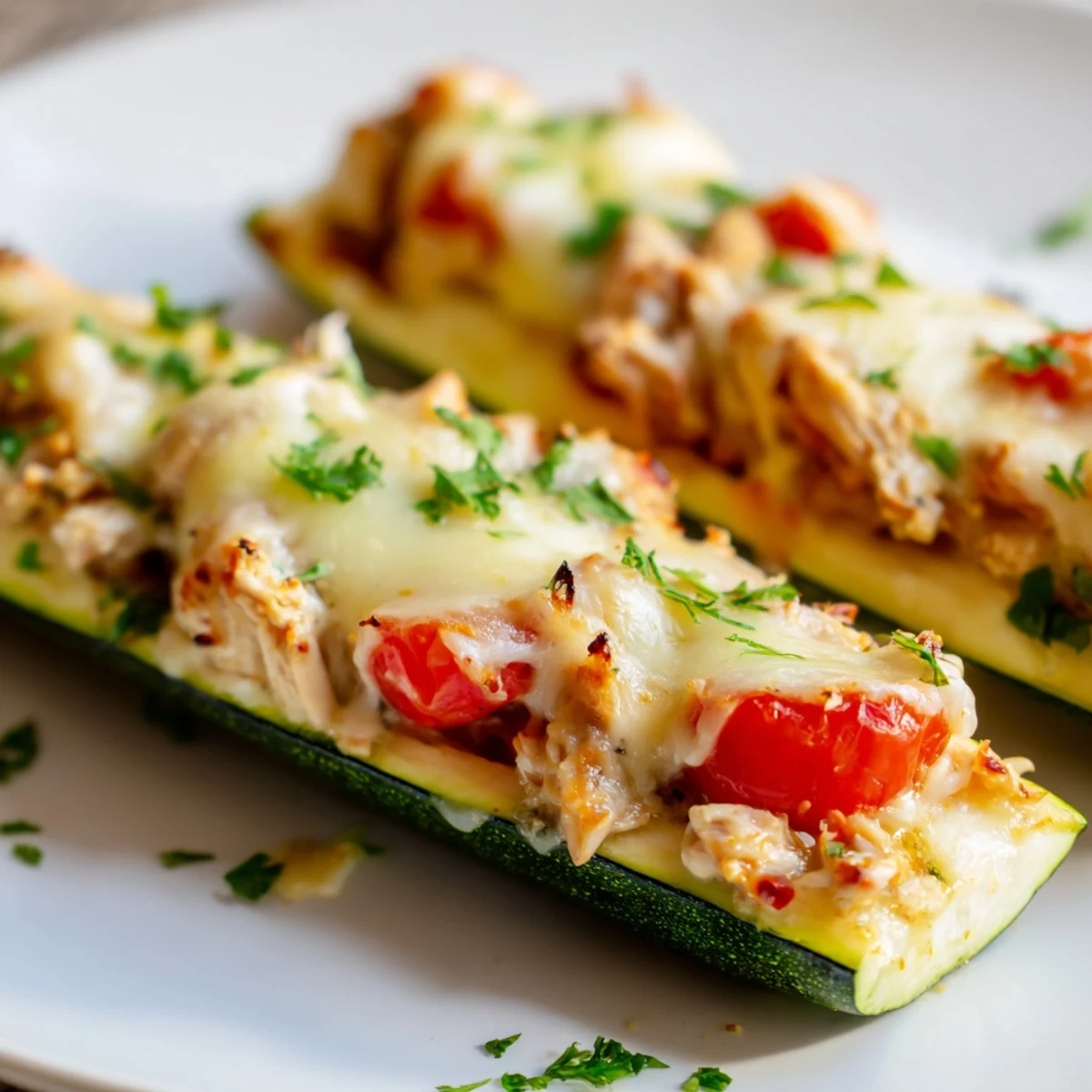 Golden-baked Chicken Zucchini Boats filled with chicken, tomato, and melted mozzarella cheese on a rustic plate.
