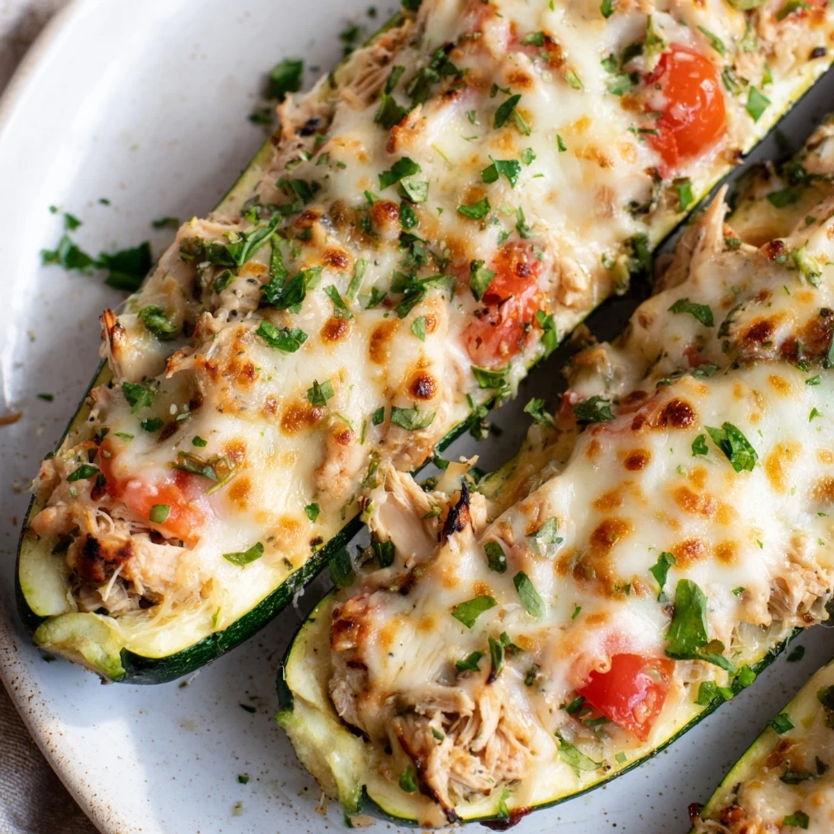 Tender zucchini halves stuffed with savory chicken mixture and bubbling cheese, served fresh from the oven.