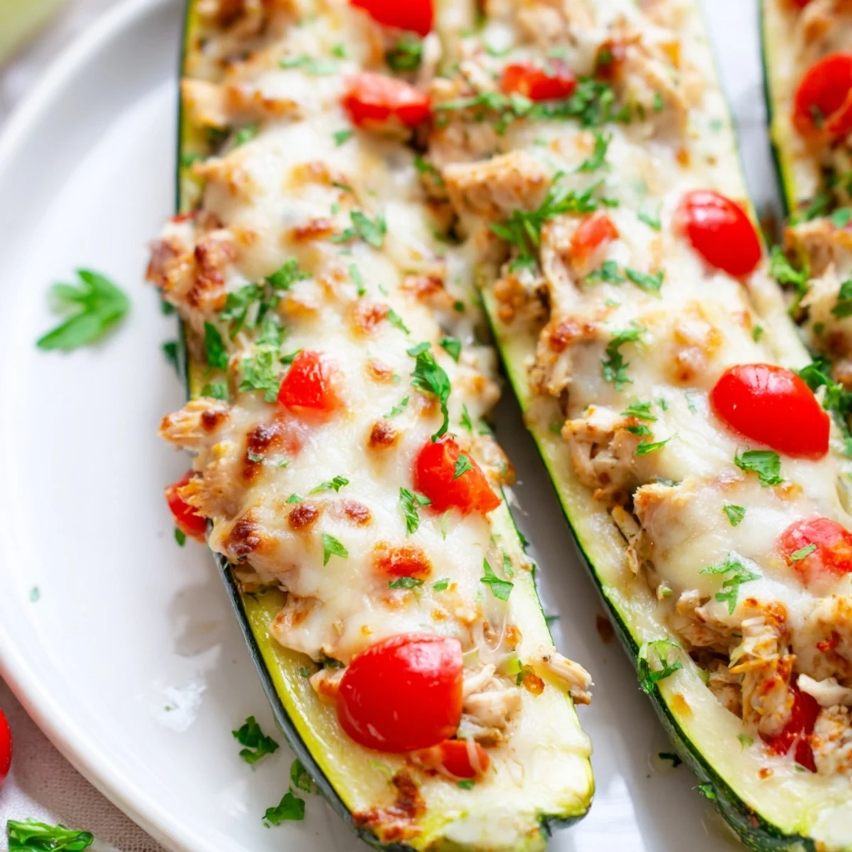 Golden-bubbly Chicken Zucchini Boats garnished with fresh parsley, a perfect low-carb dinner for busy weeknights.