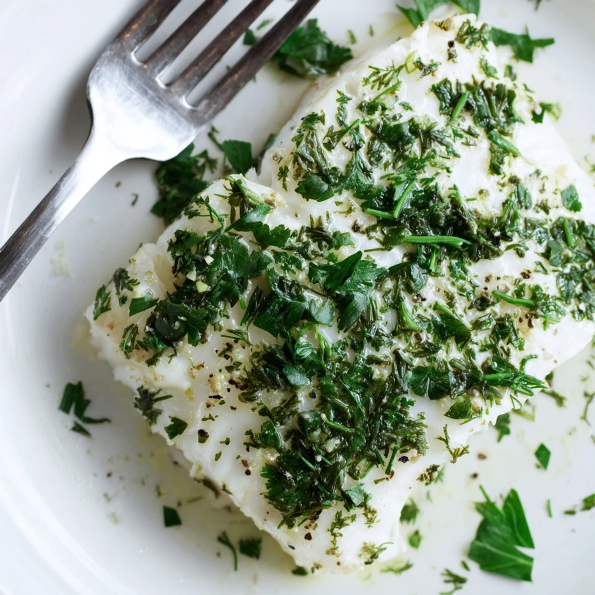 Golden baked halibut fillets topped with fresh herb mixture, served with lemon wedges for a healthy Mediterranean dinner.