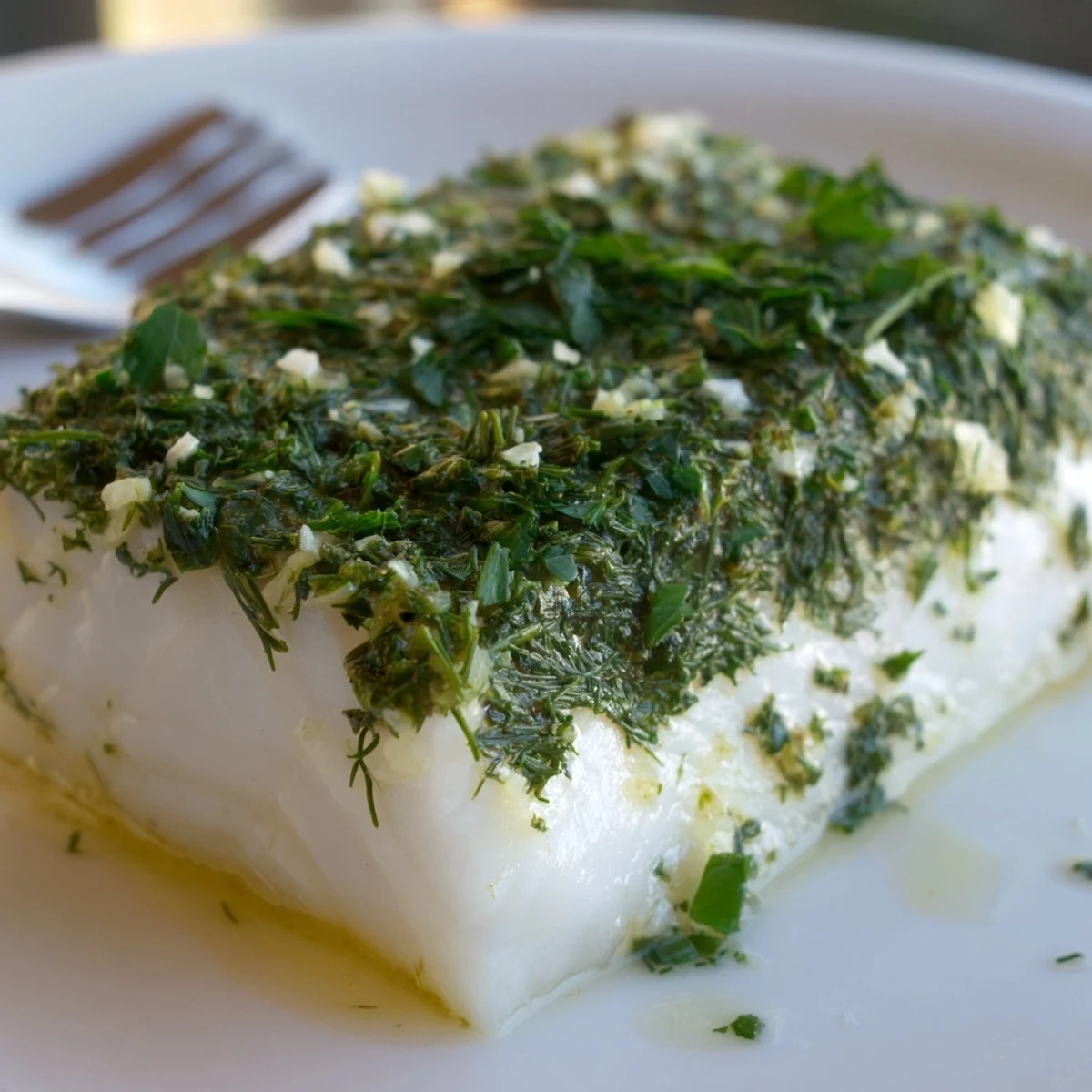 Moist, flaky halibut just out of the oven, coated in parsley, dill, and garlic with bright lemon notes.