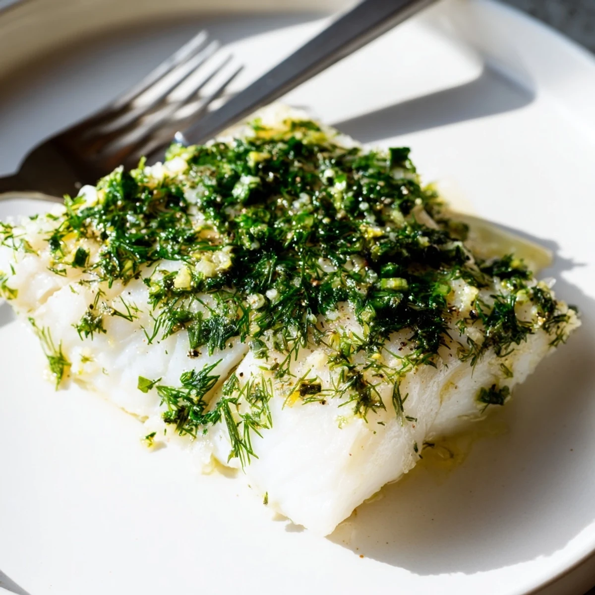 Fork-tender Baked Halibut with Herbs plated beside steamed vegetables, ready to enjoy for an elegant gluten-free meal.