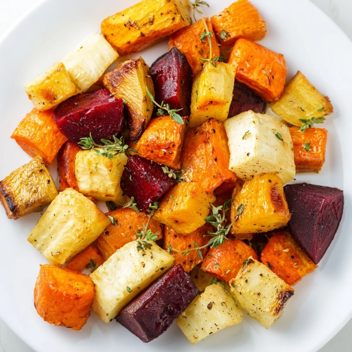 Caramelized roasted roots with thyme glisten in a white ceramic bowl, garnished with fresh sprigs.
