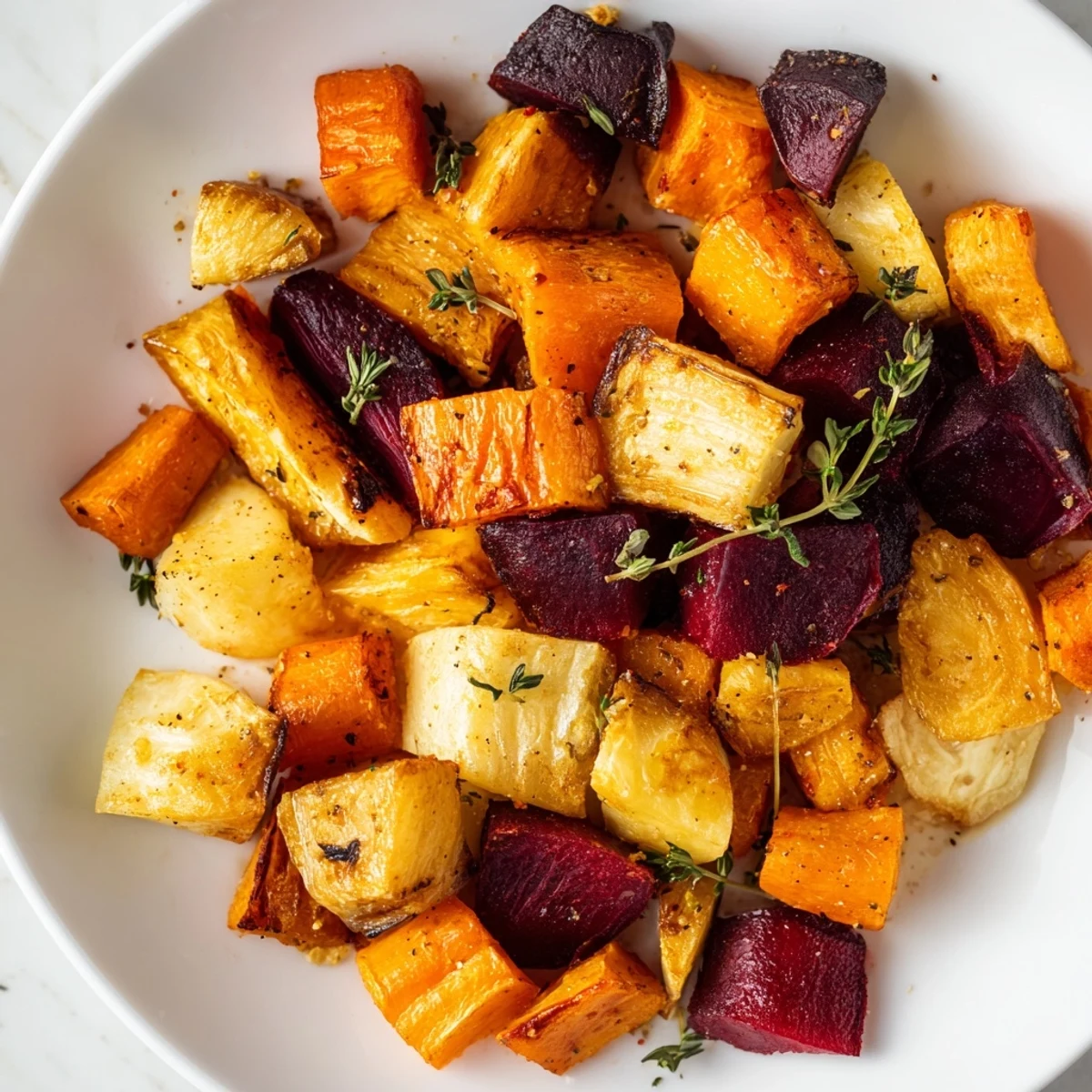 Fresh thyme and roasted roots with thyme are arranged on a rustic wooden serving platter.