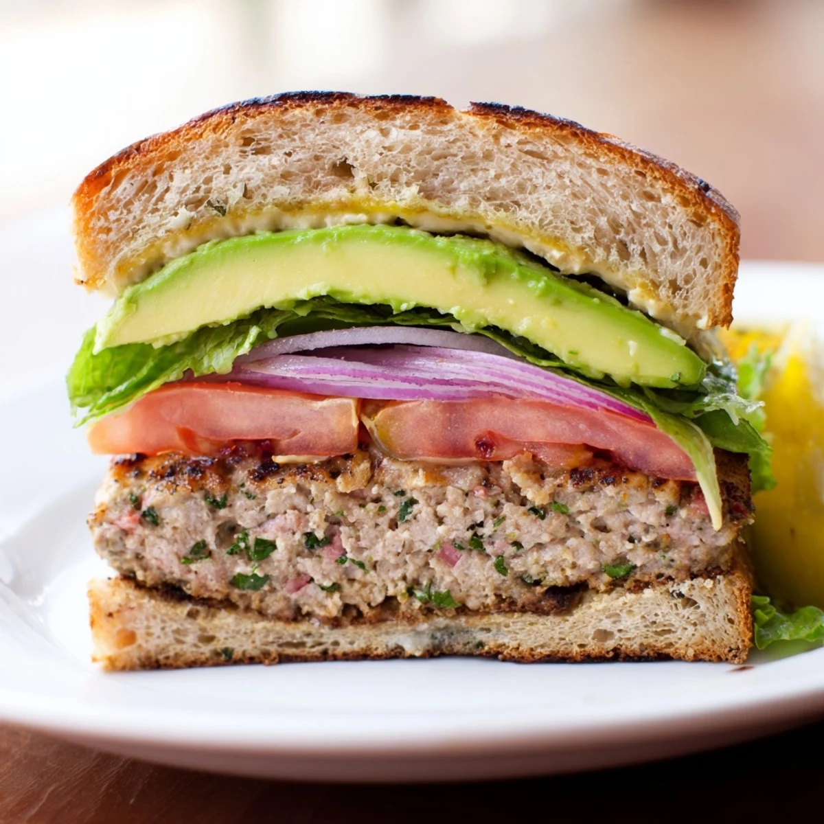 Golden-brown turkey patty layered with ripe avocado slices and fresh veggies on a soft burger bun.