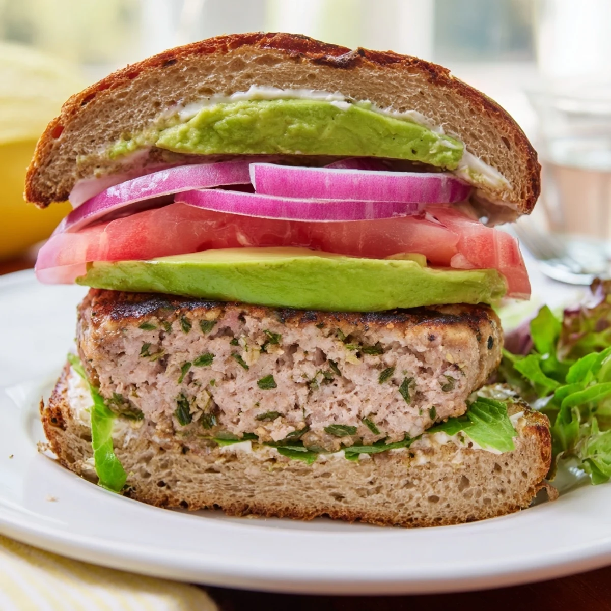 Freshly grilled turkey burger topped with creamy avocado, lettuce, tomato, and red onion on a toasted whole wheat bun.