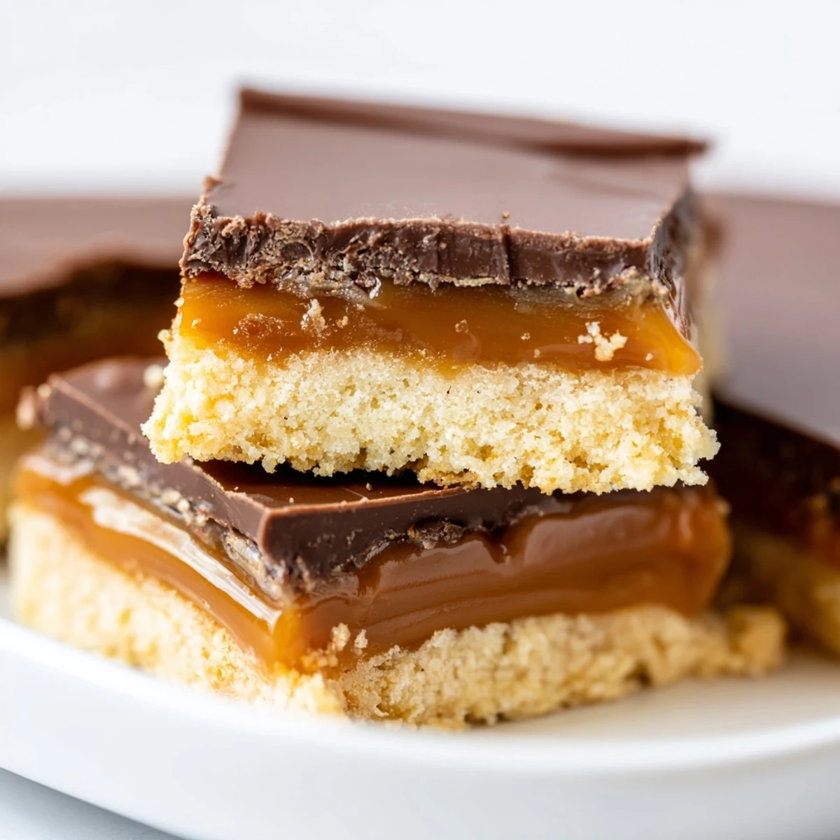 Homemade Chocolate Bars with Caramel show golden caramel poured over baked shortbread.