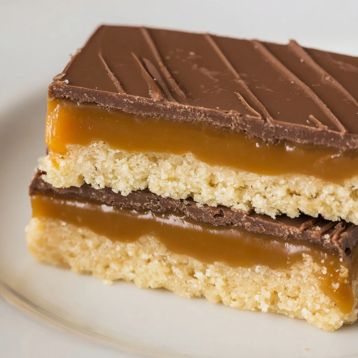 Chocolate Bars with Caramel are cut into squares and garnished with flaky salt.