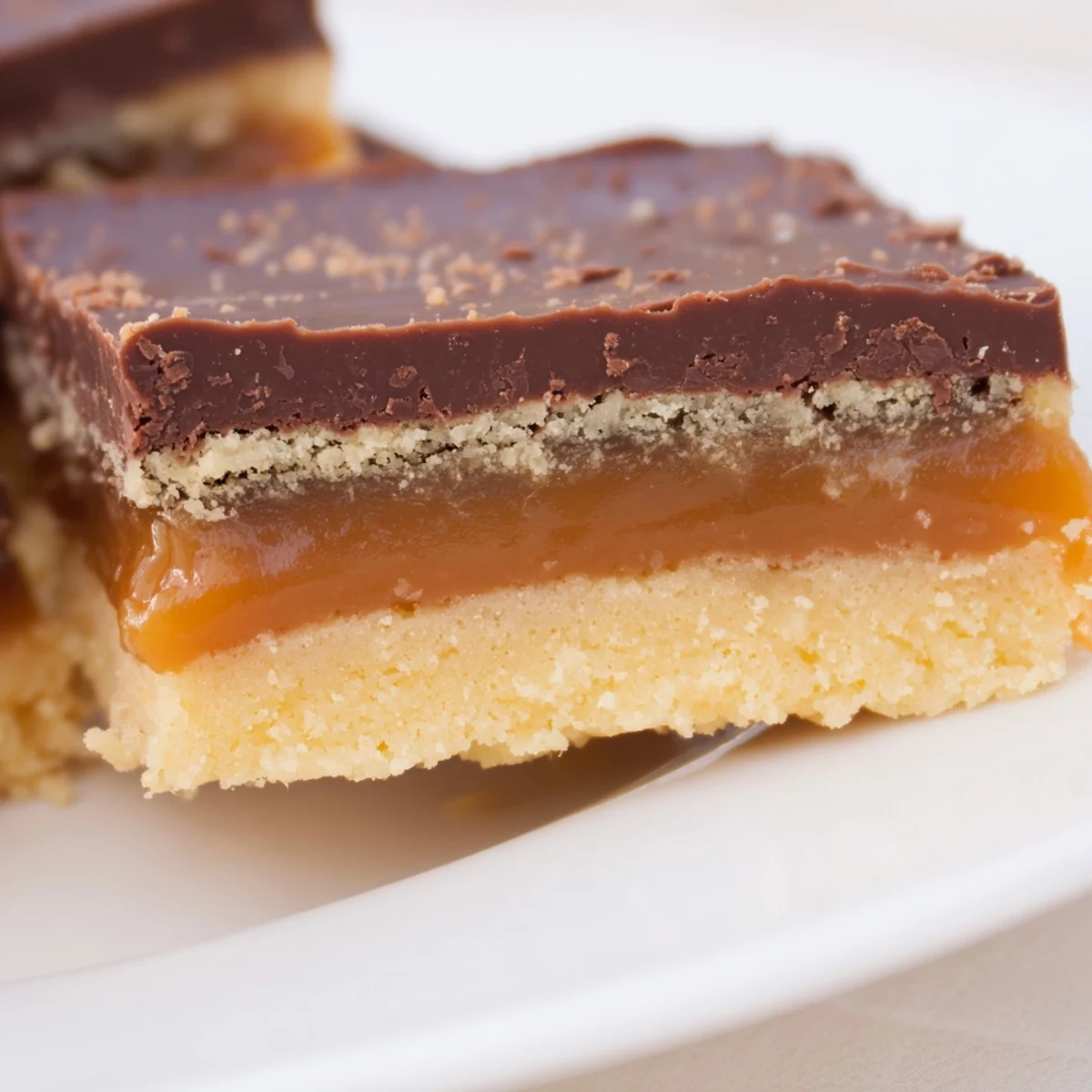Layers of silky chocolate and caramel top a crumbly buttery shortbread base.