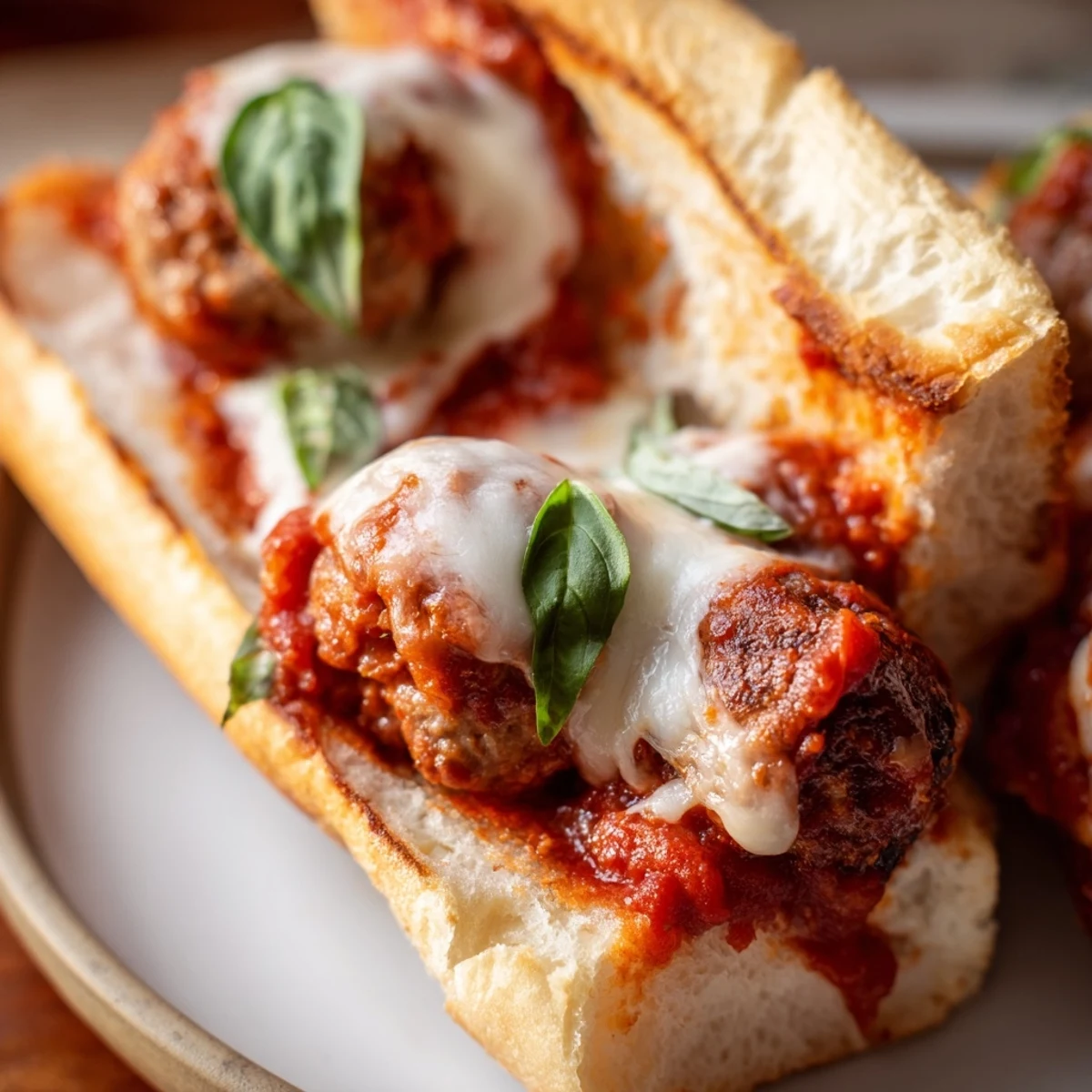 Melted mozzarella and fresh basil top the finished Turkey Meatball Subs for a delicious, hearty meal.