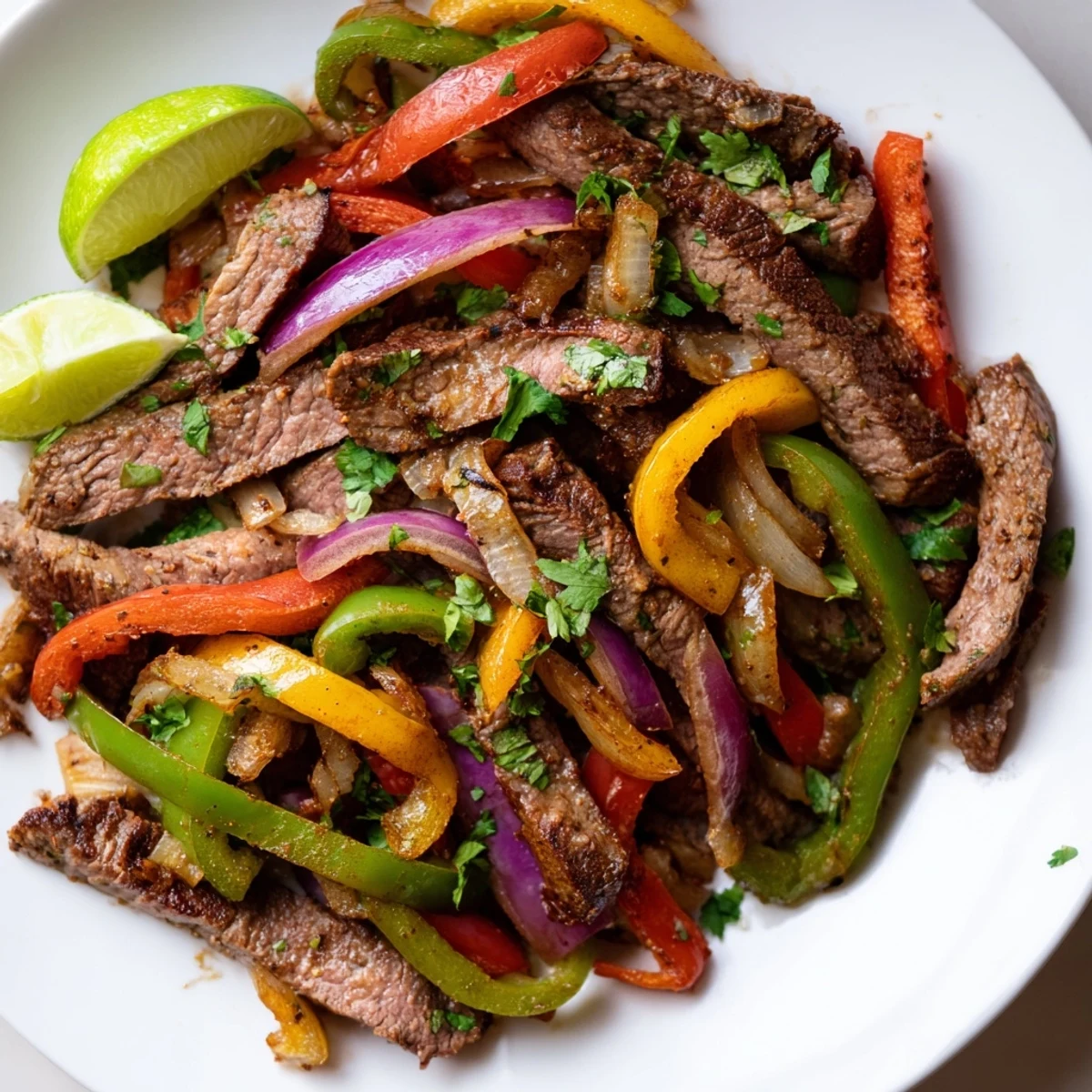 Freshly cooked Beef Fajita Skillet with colorful peppers and onions sizzling in a cast-iron pan.