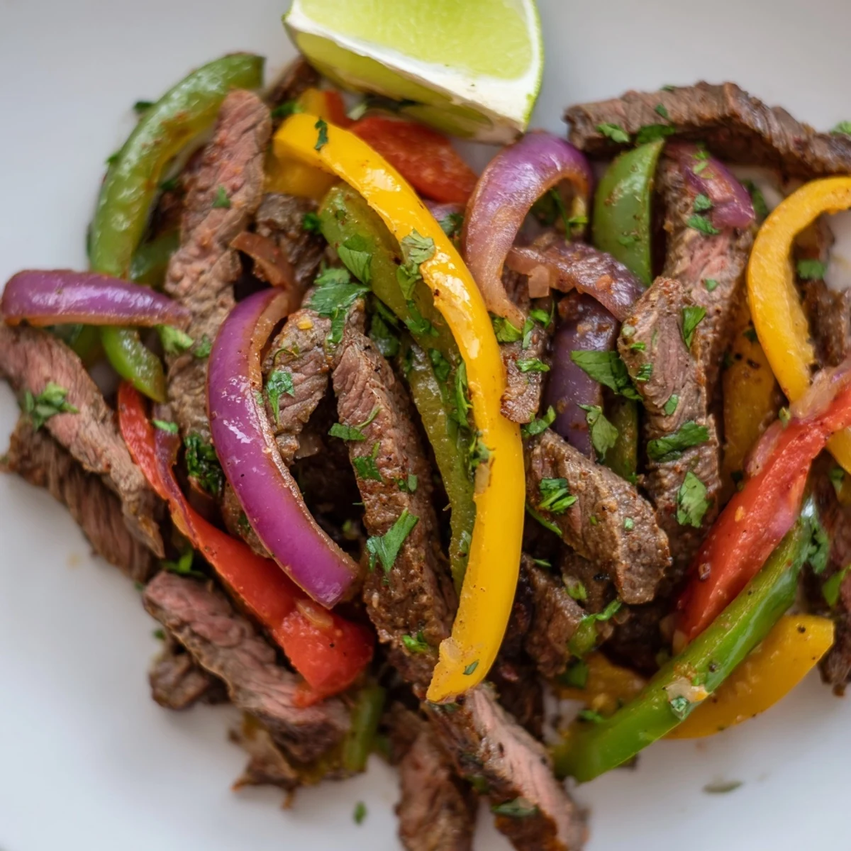 Tender strips of beef and vibrant peppers in a hot skillet, ready to serve with tortillas.