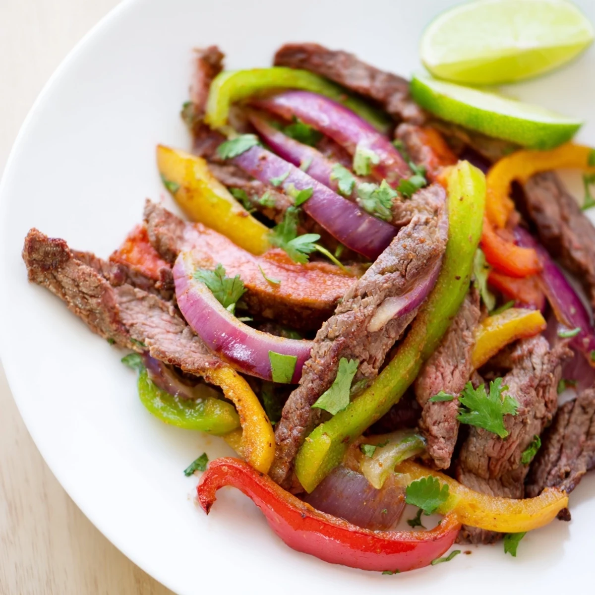 A close-up view of seasoned Beef Fajita Skillet garnished with lime wedges and fresh cilantro.