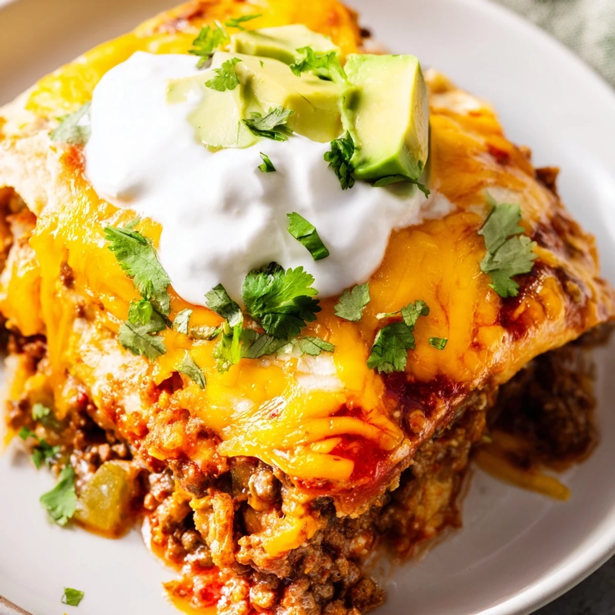 Layers of seasoned ground beef and soft corn tortillas in spicy red enchilada sauce.
