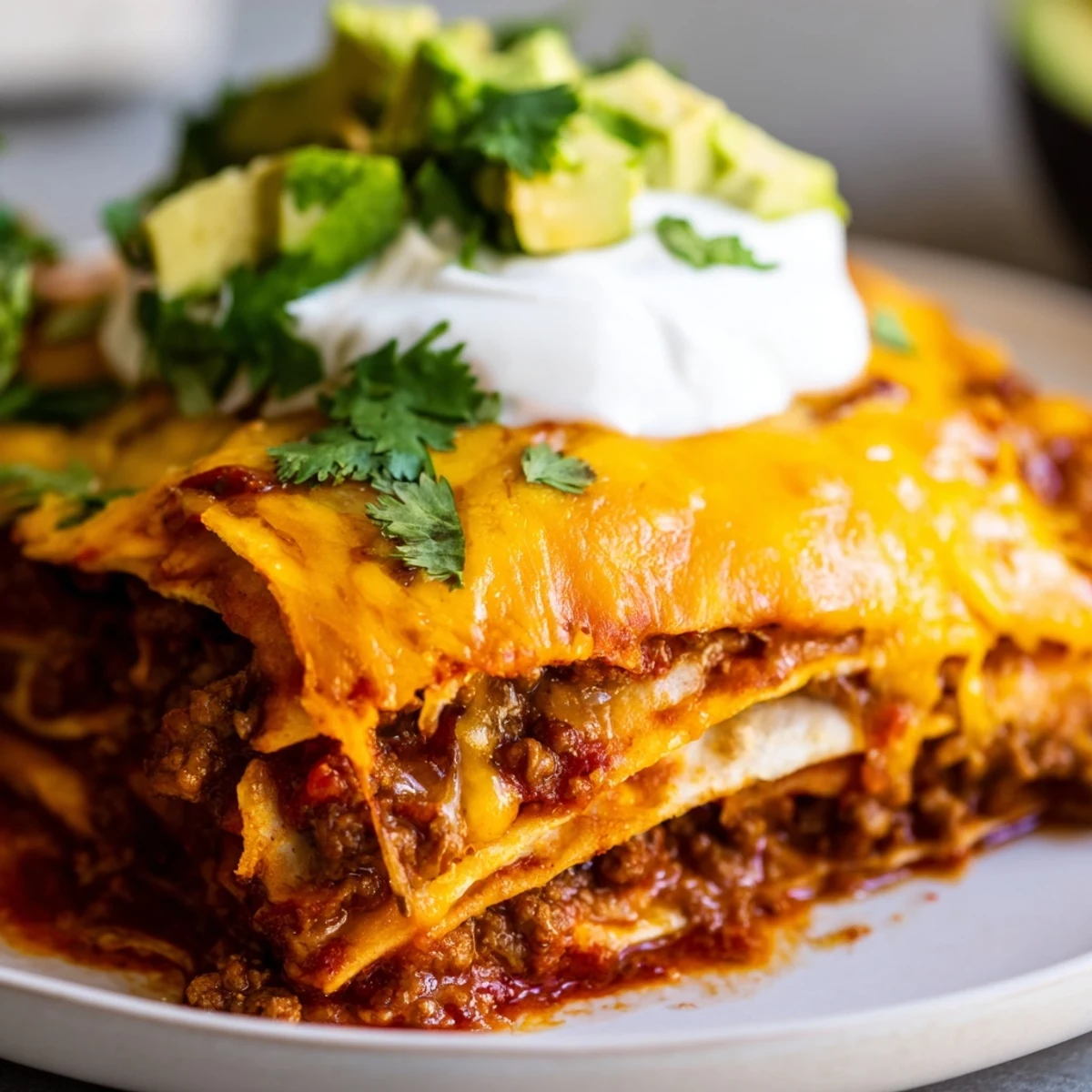 Freshly baked Beef Enchilada Casserole with golden, bubbly cheddar and Monterey Jack cheese.