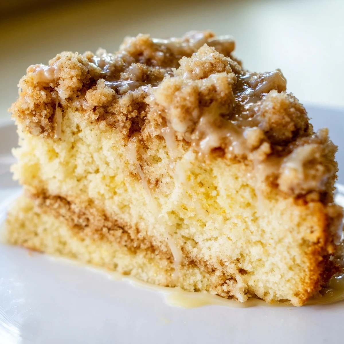 Freshly baked Lemon Coffee Cake with Crumble sits on a wire rack with a slice removed, revealing a tender, moist interior.