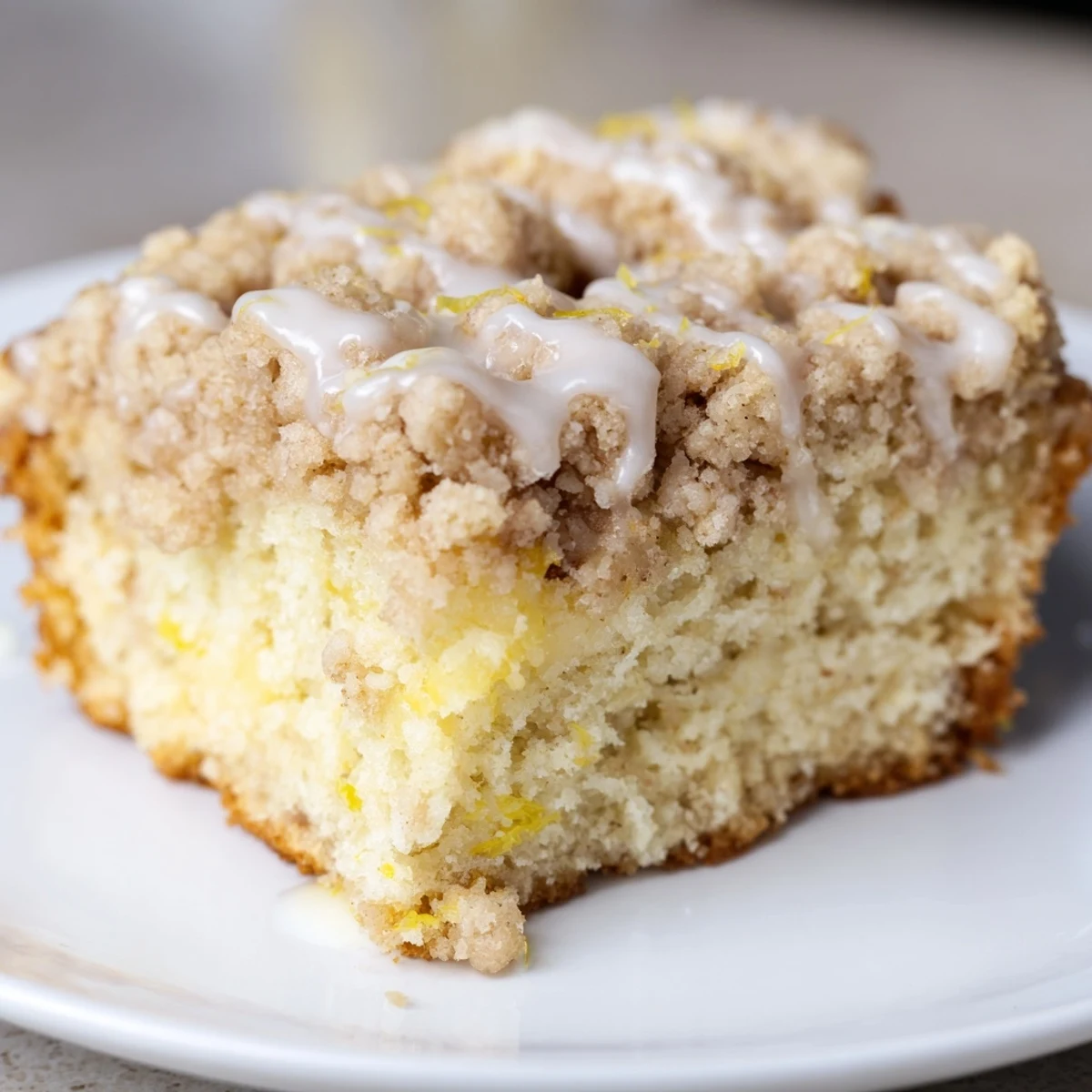 A slice of Lemon Coffee Cake with Crumble on a plate beside a cup of coffee, perfect for breakfast or brunch.