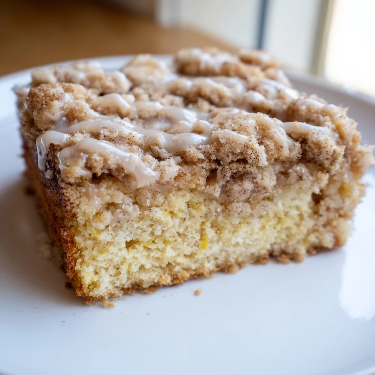 A close-up of Lemon Coffee Cake with Crumble highlights the golden crumb topping and a glossy lemon glaze drizzle.