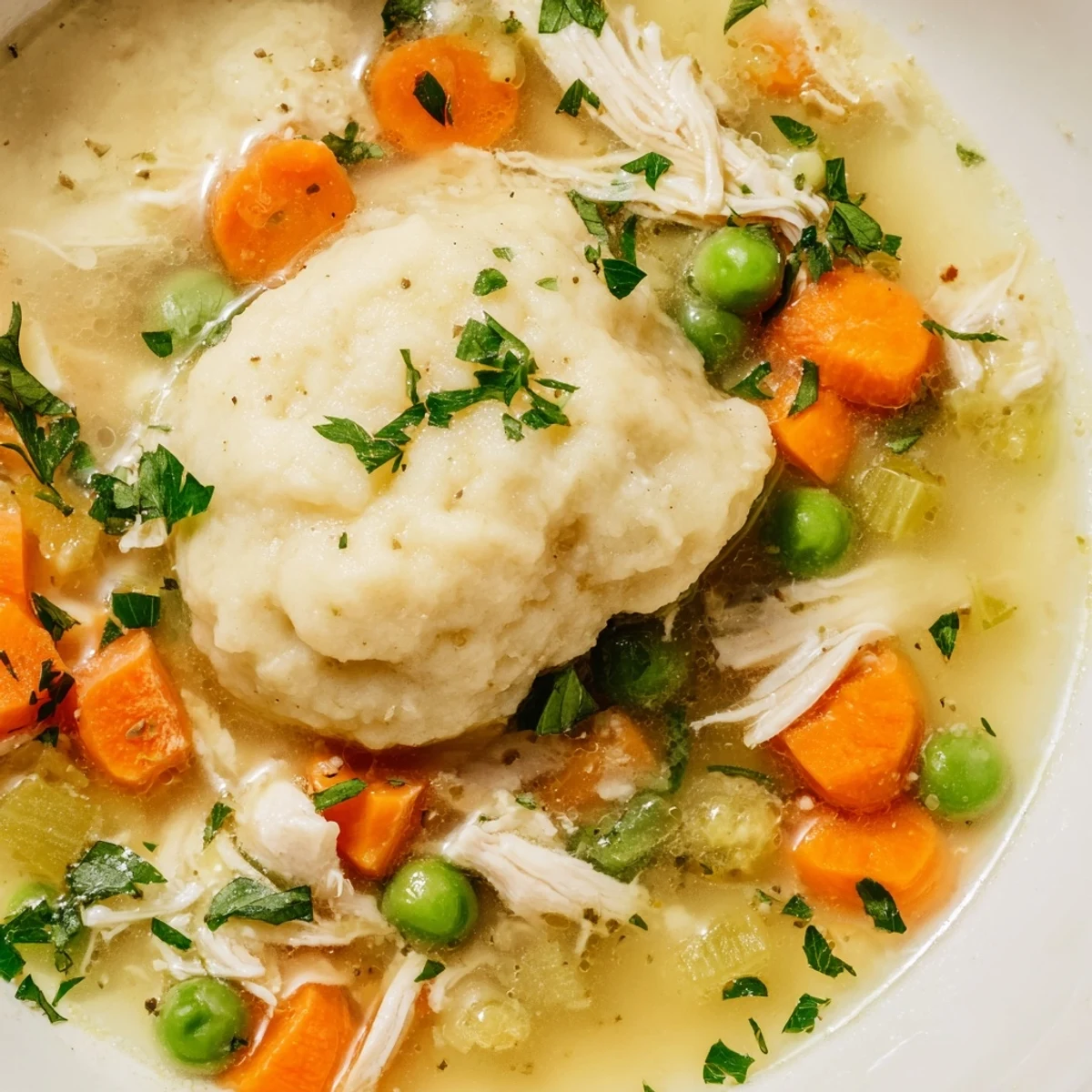 Chicken Soup with Dumplings steaming in a rustic bowl, garnished with fresh parsley and tender shredded chicken.