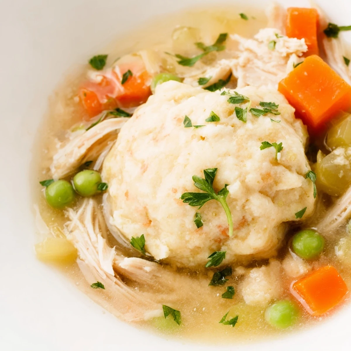 A spoon dipping into a warm bowl of Chicken Soup with Dumplings, revealing golden dumplings and a rich broth.