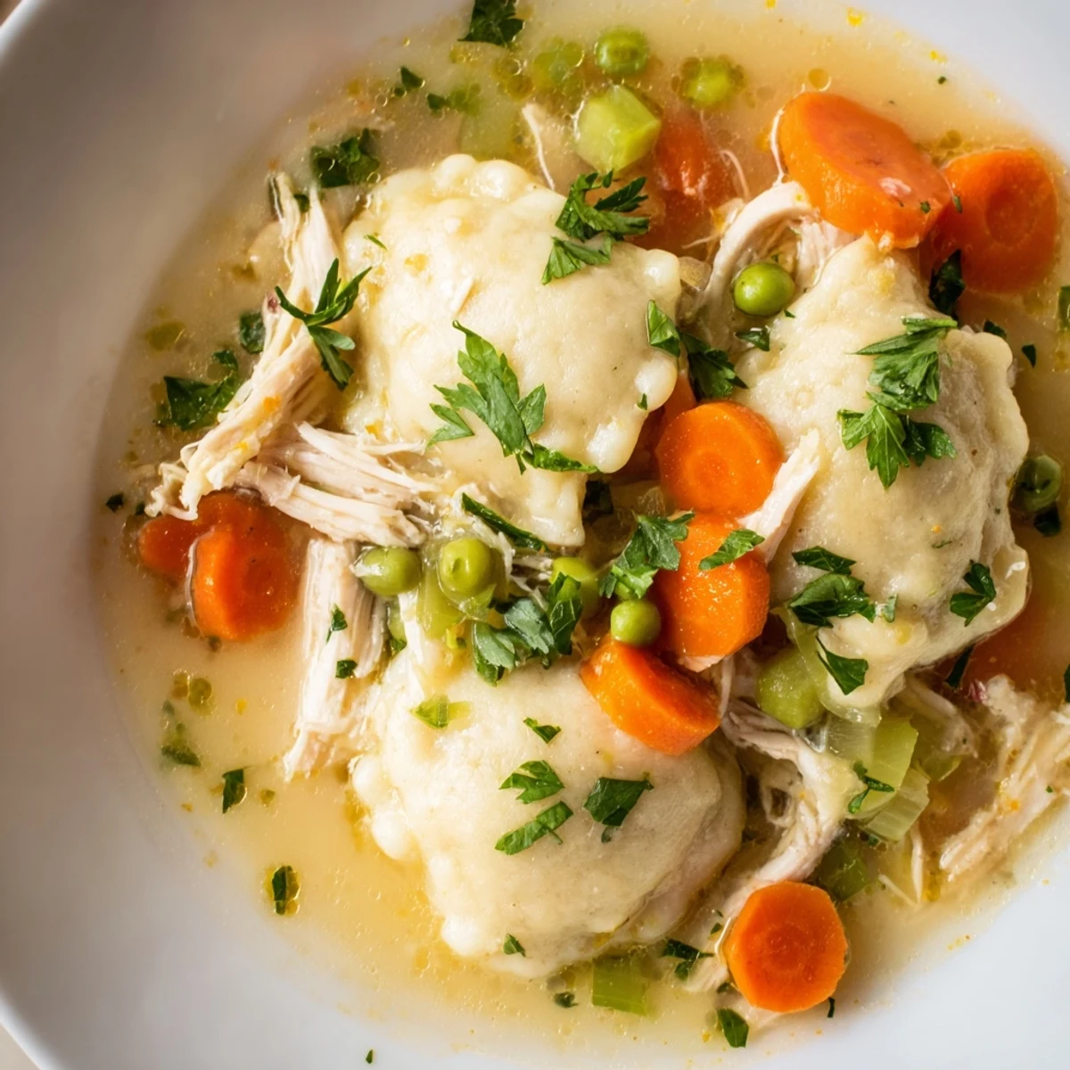 Savory Chicken Soup with Dumplings ladled into a white bowl, featuring fluffy dough and colorful carrots and peas.