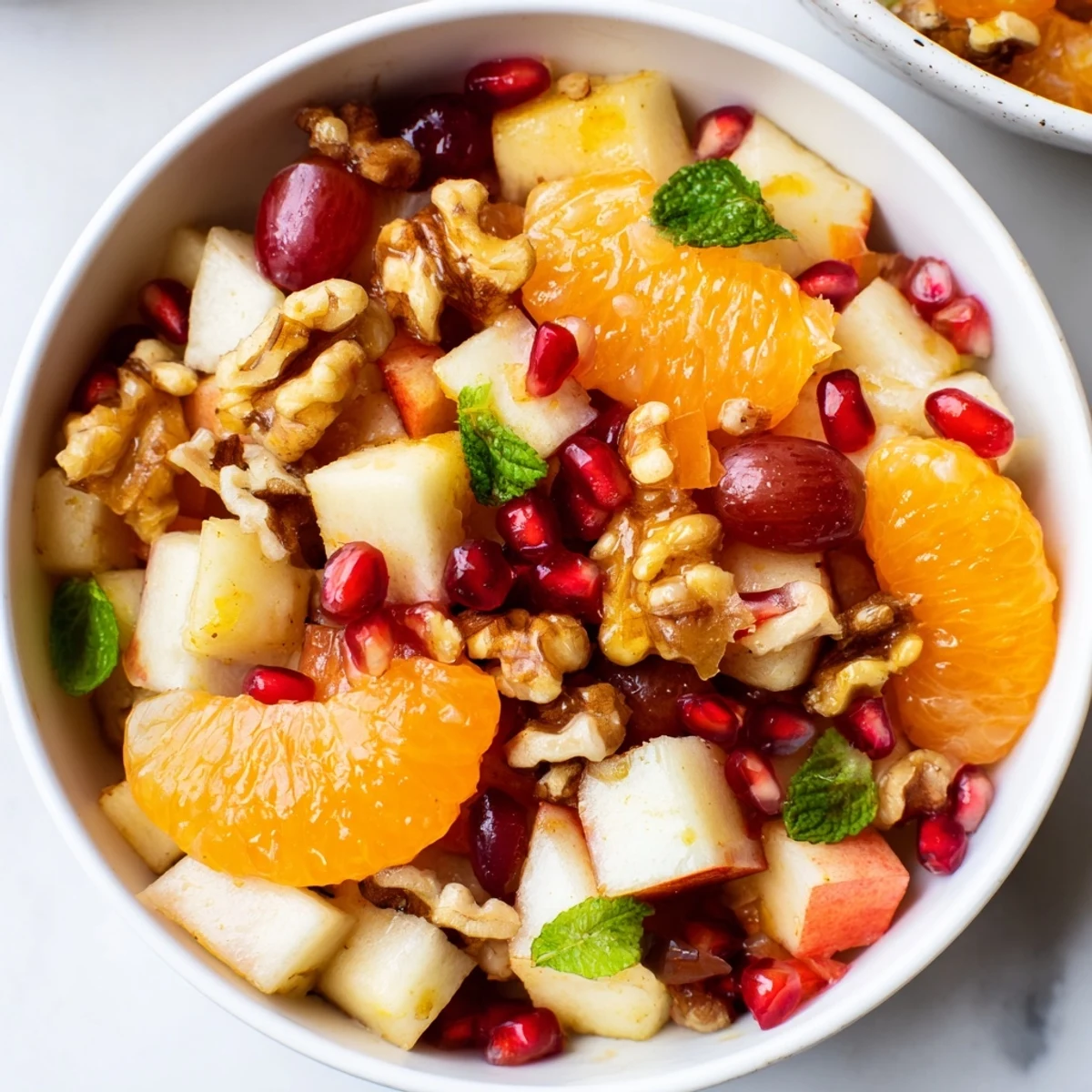 Brightly colored Winter Fruit Salad with citrus segments, diced apples, and sparkling pomegranate seeds in a bowl.