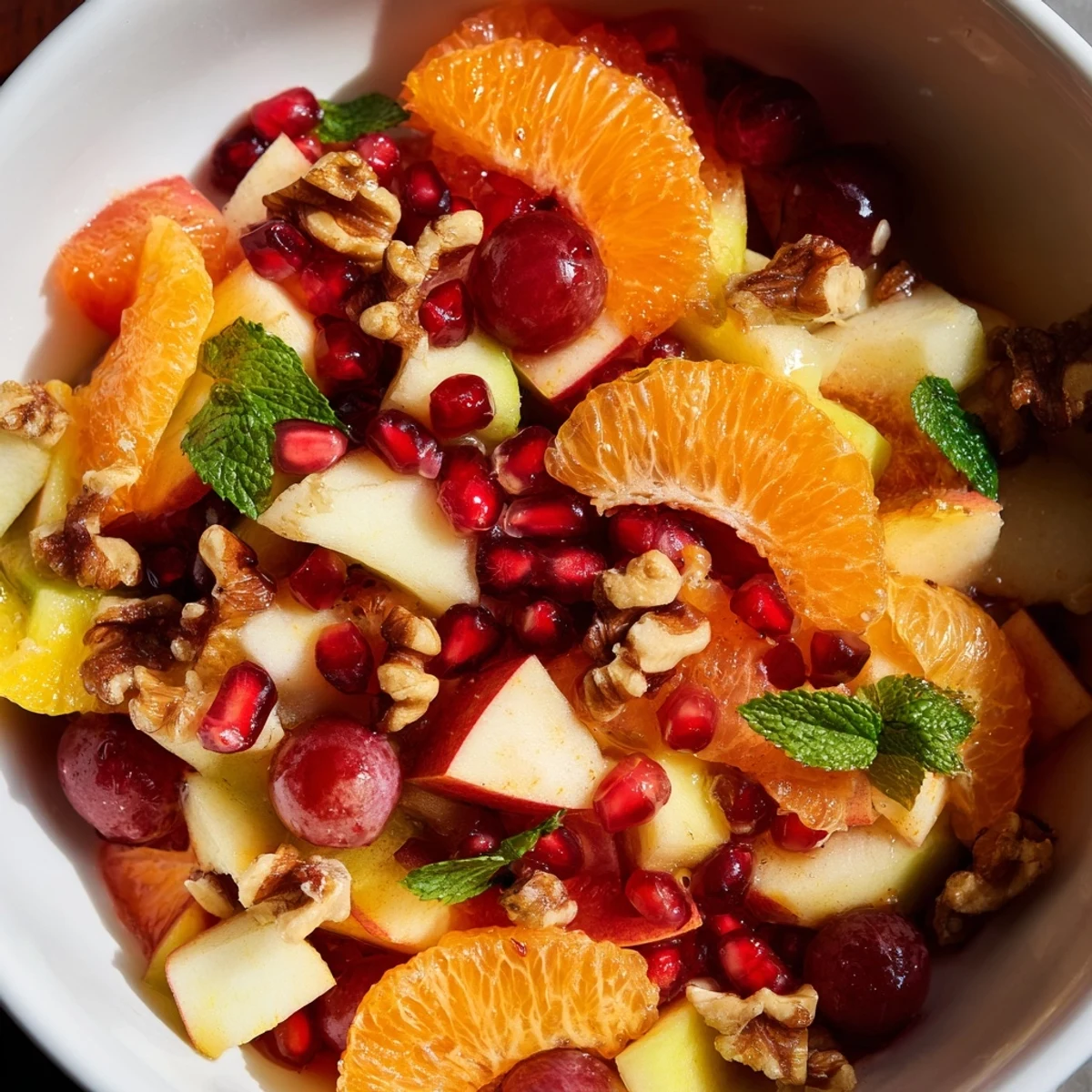 A chilled bowl of Winter Fruit Salad with crisp apples, juicy grapefruit, and a sweet honey-cinnamon drizzle.