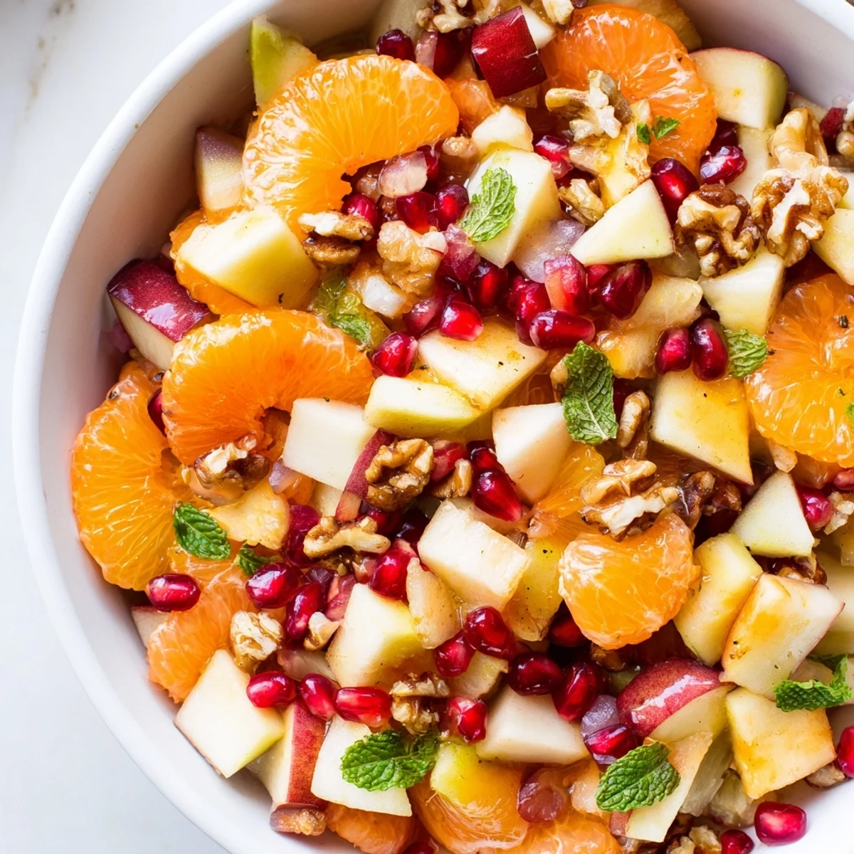 Overhead view of Winter Fruit Salad with vibrant citrus, pear slices, and fresh mint garnish on a white platter.