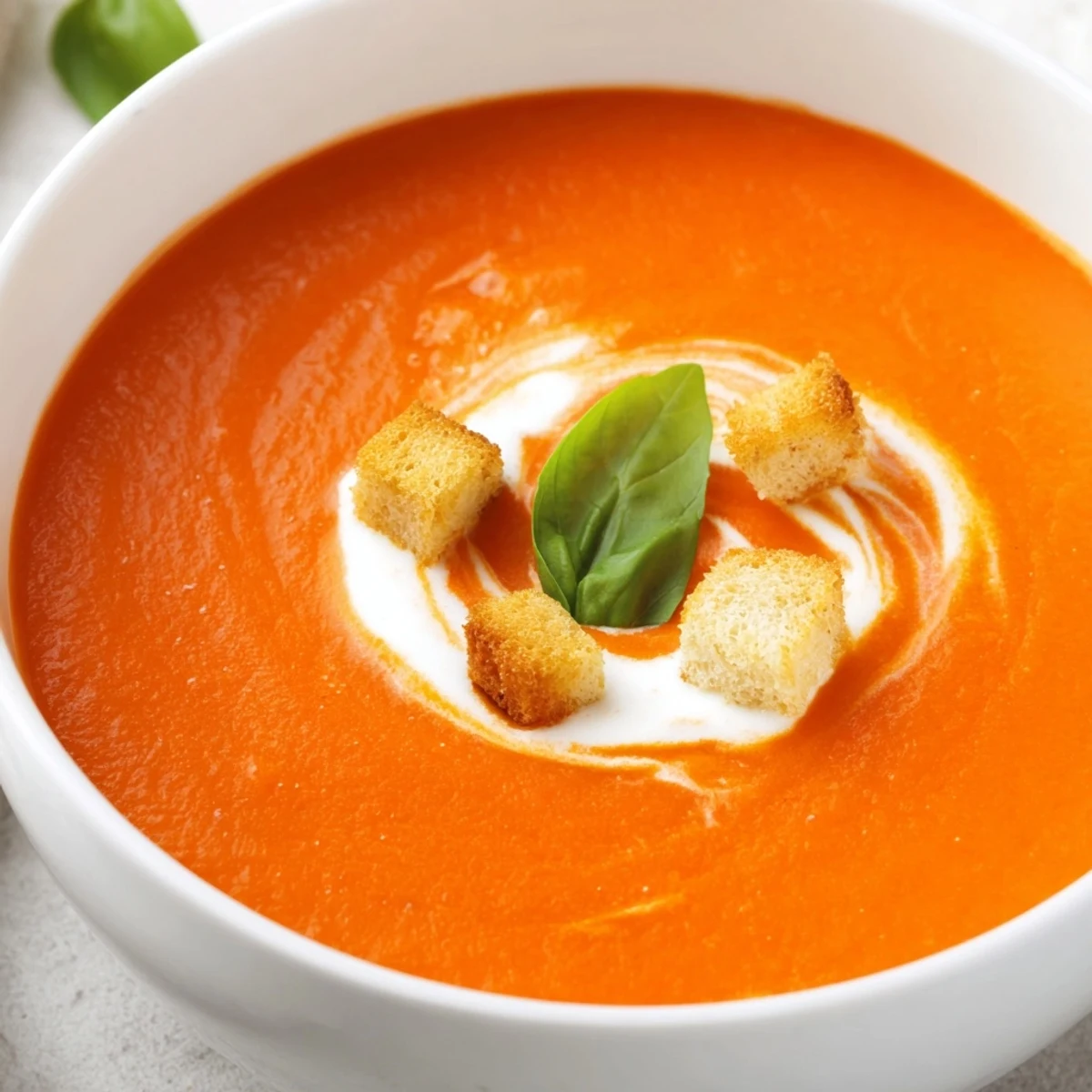 Creamy Tomato Bisque topped with crunchy croutons and fresh herbs in a cozy setting.