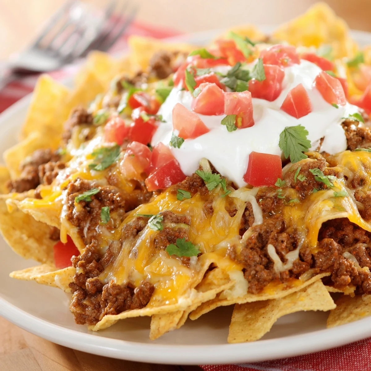 Freshly baked Beef Nacho Platter topped with melted cheddar, diced avocado, and fresh cilantro, served warm on a baking sheet.