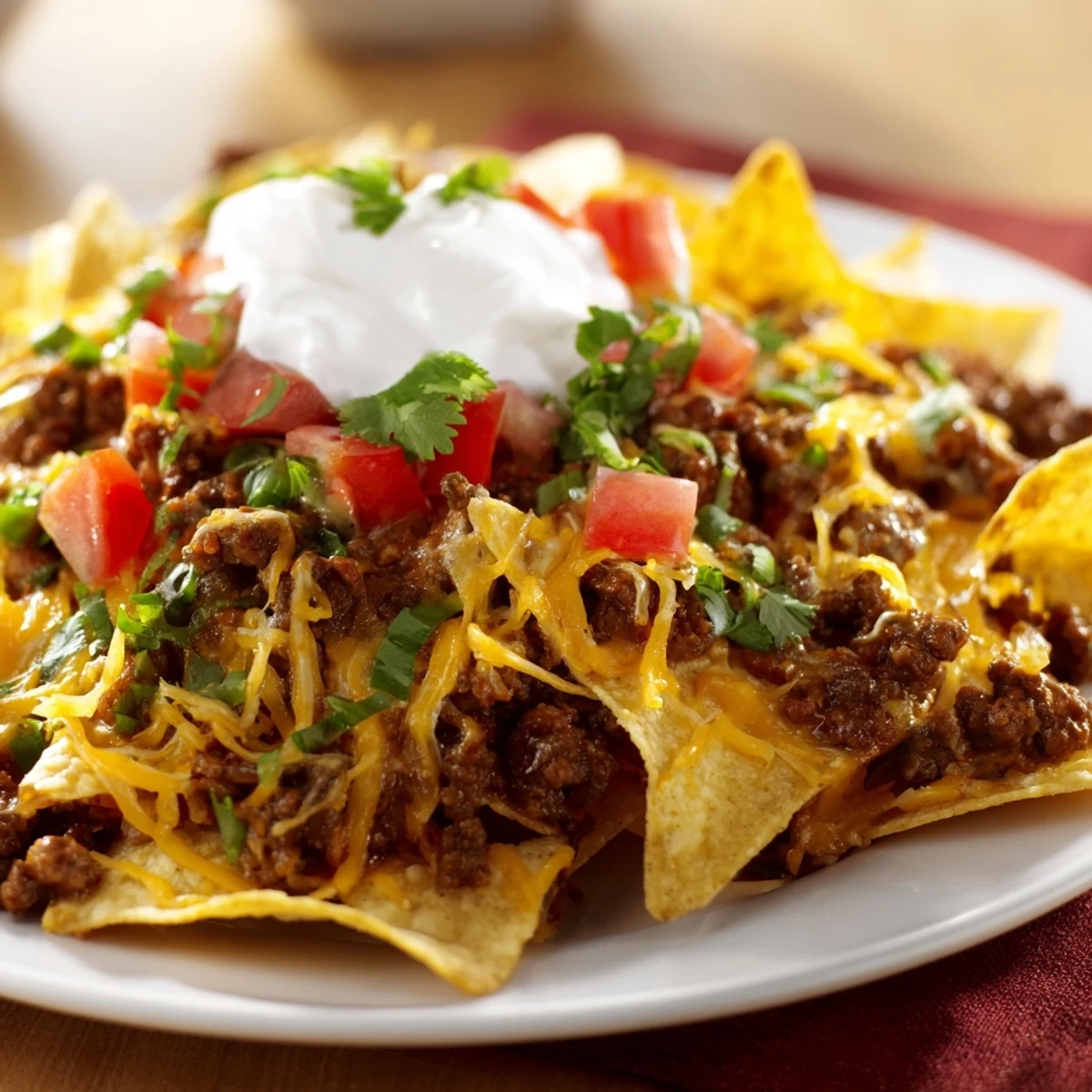 Hearty Beef Nacho Platter with seasoned ground beef, gooey cheese, jalapeños, and sour cream, perfect for game day gatherings.