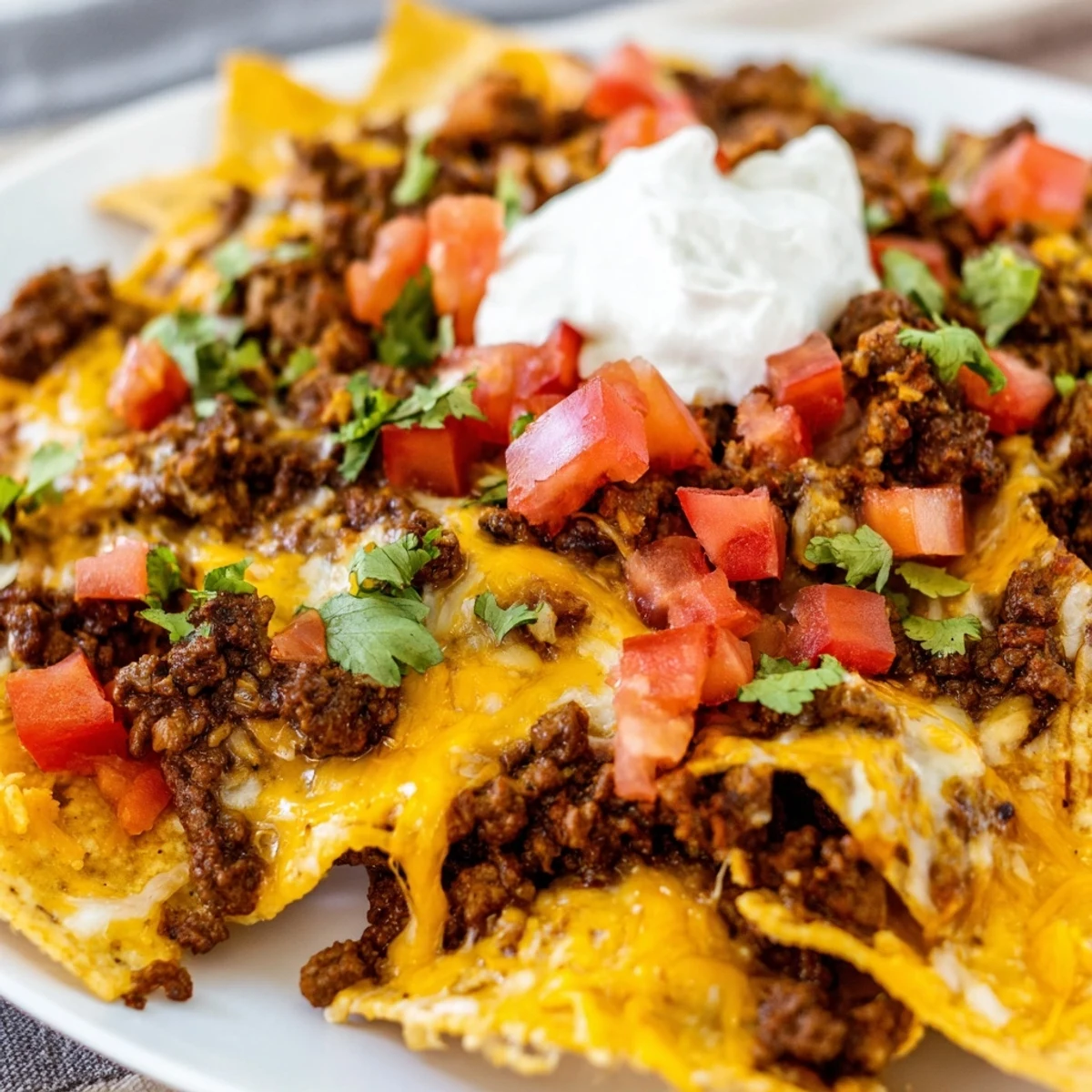 Sizzling hot Beef Nacho Platter loaded with crispy tortilla chips, colorful tomatoes, onions, and limes for a zesty finish.