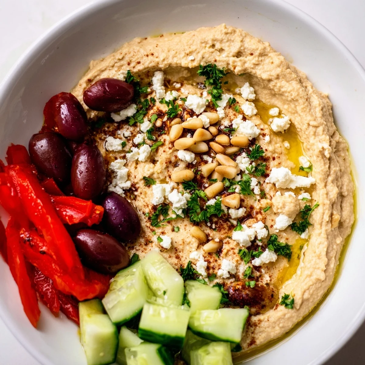 A vibrant Mediterranean Hummus Bowl showcases creamy hummus topped with Kalamata olives and feta on a bed of quinoa.
