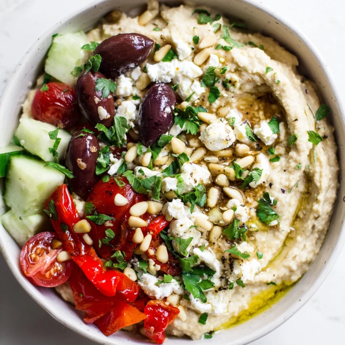 Close-up of a Mediterranean Hummus Bowl with colorful cherry tomatoes, cucumber, and roasted red peppers, drizzled with lemon olive oil.