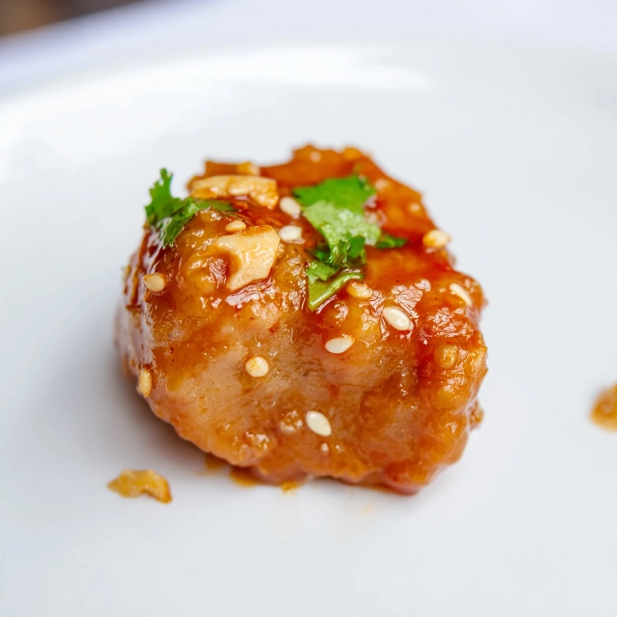 Golden-brown Super Bowl Spicy Sriracha Chicken Bites glistening with a vibrant red glaze on a platter.  