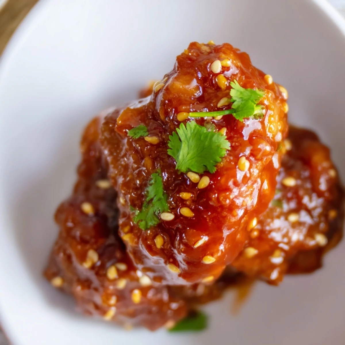 Garnished Super Bowl Spicy Sriracha Chicken Bites with cilantro and sesame seeds, ready to serve.