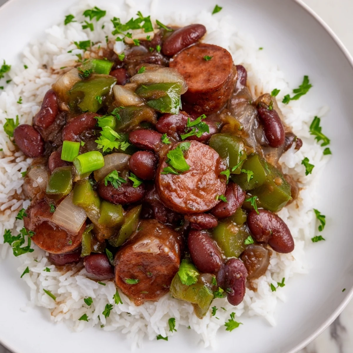 A close-up of smoky Red Beans and Rice with Turkey Sausage, featuring tender beans and herbs simmering in a rich, savory sauce.