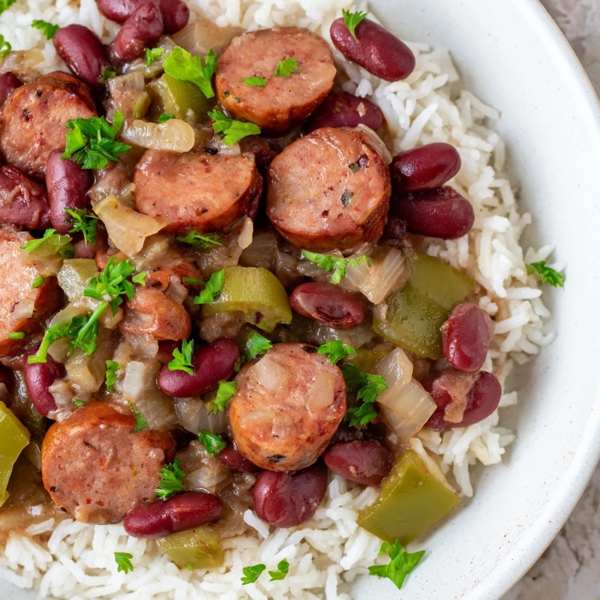 Overhead view of a comforting Red Beans and Rice with Turkey Sausage dish served over fluffy white rice, garnished with fresh parsley.
