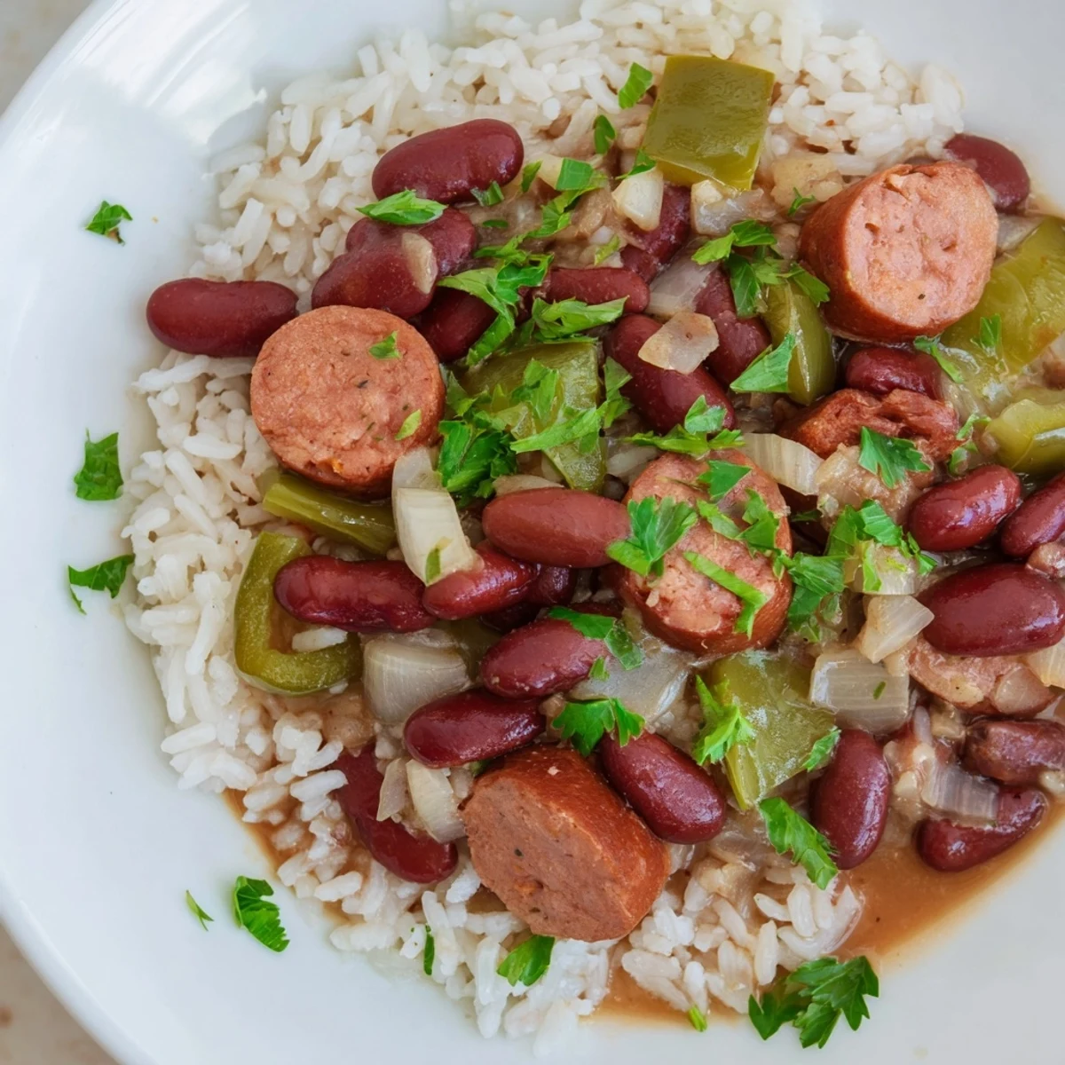 A hearty bowl of Red Beans and Rice with Turkey Sausage, showcasing sliced sausage nestled among tender beans in a aromatic broth.