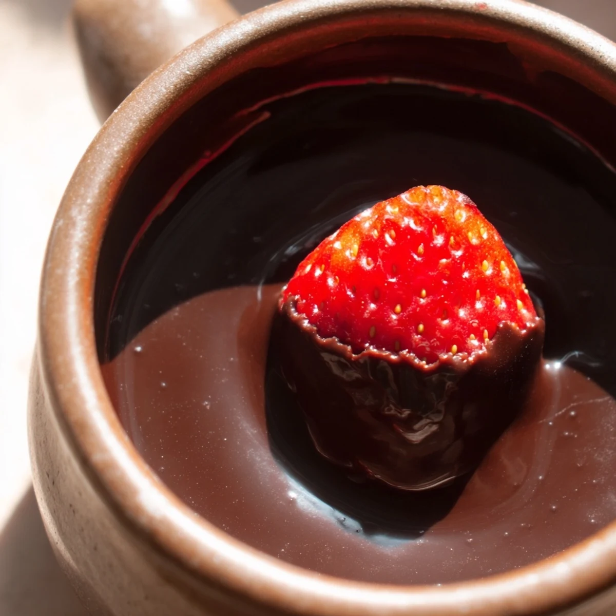 Indulgent Valentine Chocolate Fondue bubbling in a pot, surrounded by sliced strawberries, bananas, and juicy pineapple chunks.  